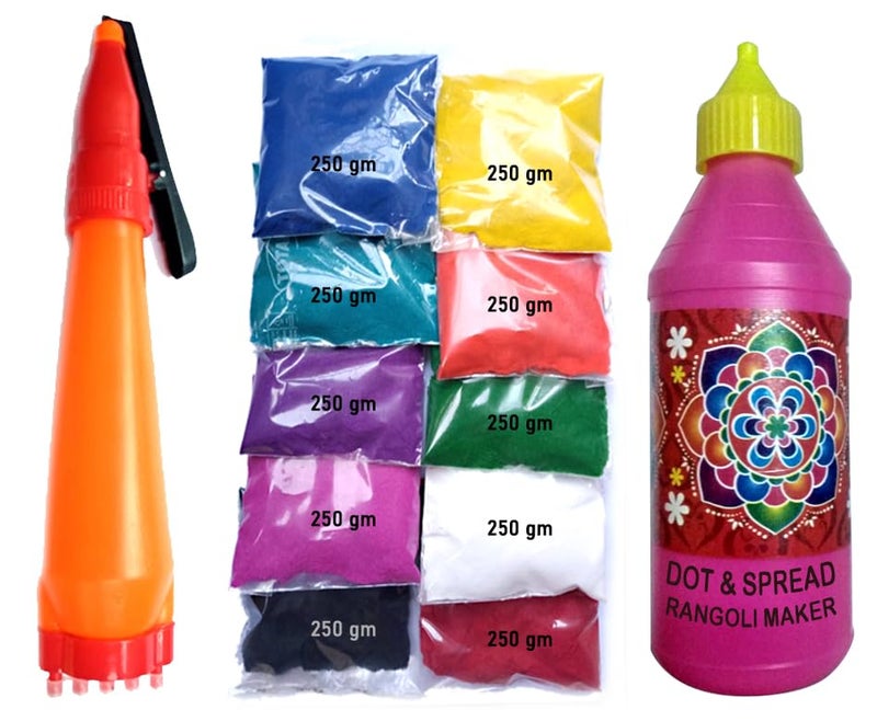 SOHAM SHREE SHREE SHREE Ready to Draw Rangoli Pencil Dot Spread Rangoli Maker 10 Colors 250gm Each RedGreenBlueYellowPurpleDark PinkBlackWhiteOrangeRama - Image 1