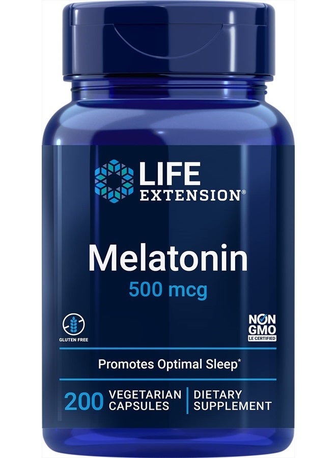 Life Extension Melatonin 500 mcg Sleep & Cellular Health Support – Gluten-Free – Non-GMO – 200 Vegetarian Capsules - Image 1