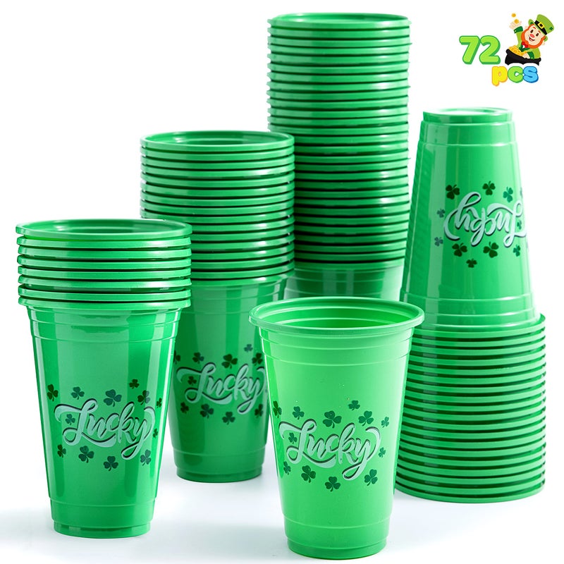 JOYIN 72 Pcs StPatricks Day 16 oz Cups Green Disposable Plastic Lucky Clover Cups for Saint Patrick Party Supplies Set Irish Lucky Day Party Decoration