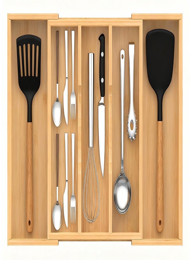 Bambition Bamboo Expandable Kitchen Drawer Organizer, 13" - 23" Adjustable Utensils Holder and Cutlery Tray, 3-5 Slots Drawer Organizer for Silverware Flatware - Image 1