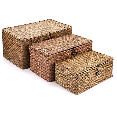 Hipiwe Set of 3 Natural Seagrass Storage Baskets with Lid Large Handwoven Wicker Storage Bins Rectangular Household Organizer Boxes Shelf Wardrobe Organizer Coffee