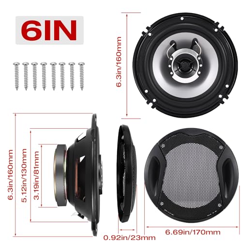 Suacopzar 6in 2-Way Coaxial Car Speakers, 400W (100W RMS), Universal Car Stereo Speaker Replace, Auxiliary Coaxial Speaker W/Wire & Cover (Pair) - Image 3