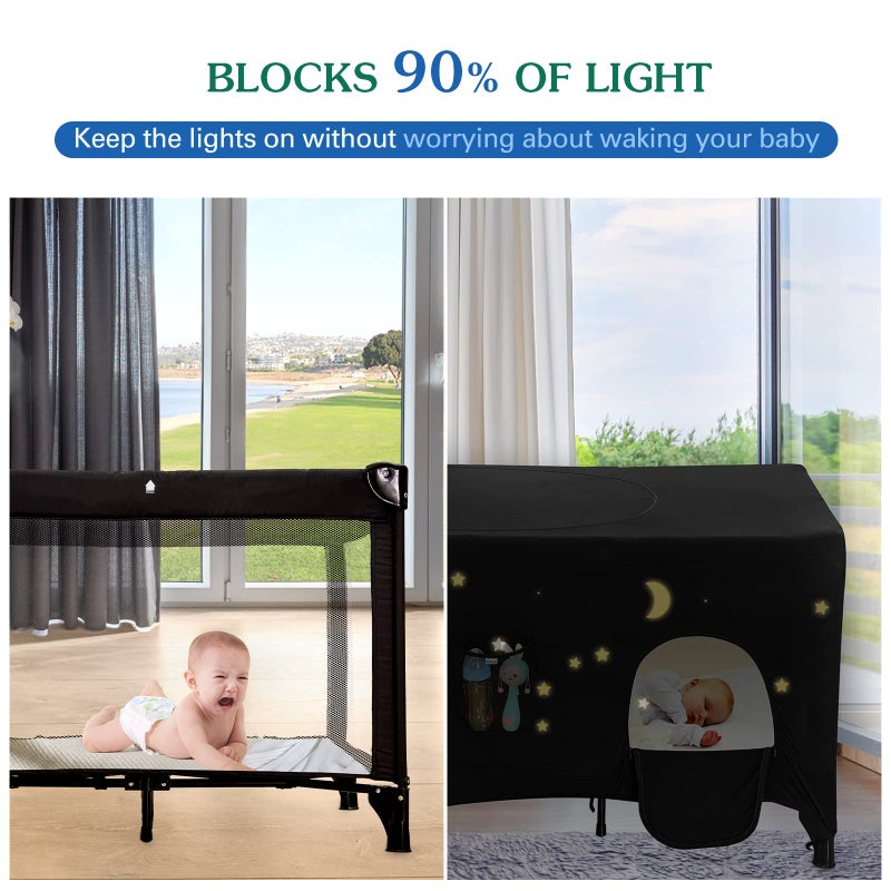 Hiaksedt Pack N Play Blackout Cover, Hiaksedt Crib Canopy Cover for Pack and Play, Breathable Blackout Tent for Travel Crib, Portable Stretchy Netting Cover for Indoor Outdoor Travel Playard - Image 2
