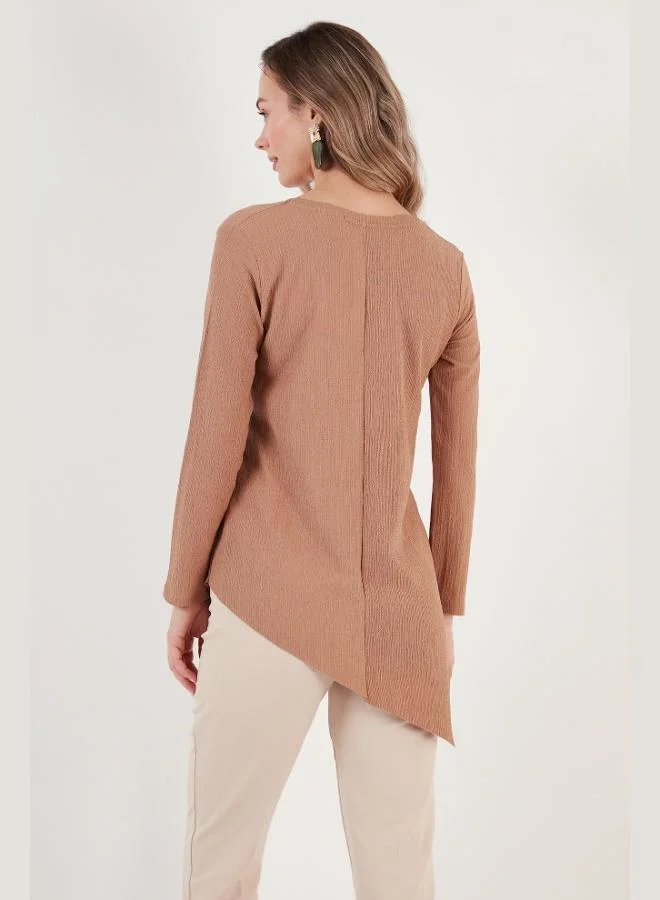 Lela Lela Crew Neck Flexible Textured Asymmetrical Blouse Women's Blouse 5864971