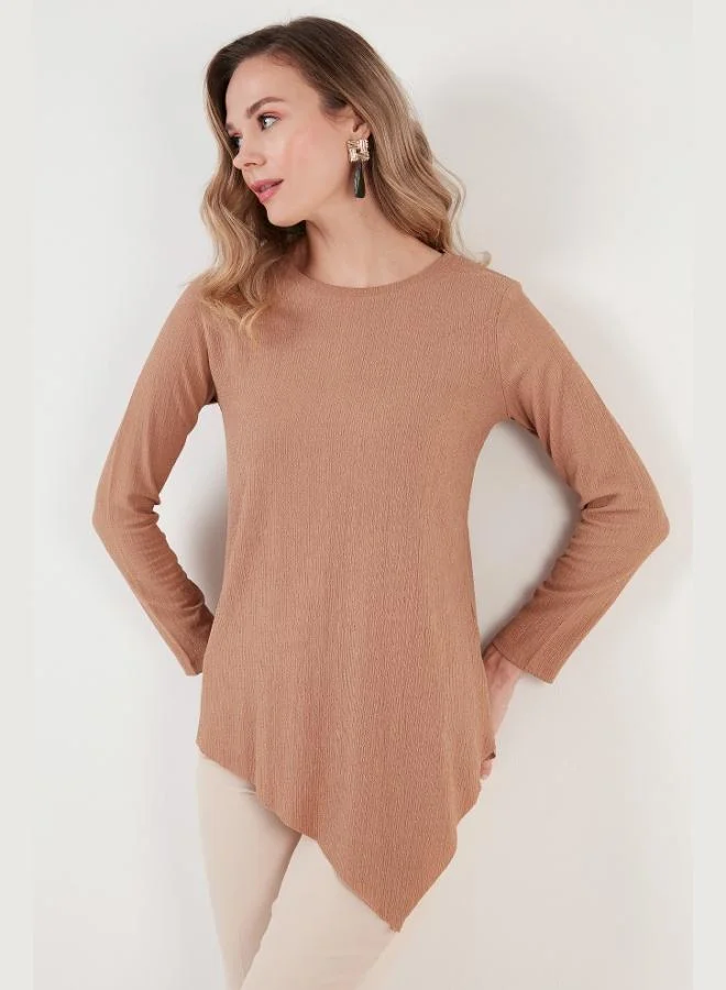 Lela Lela Crew Neck Flexible Textured Asymmetrical Blouse Women's Blouse 5864971