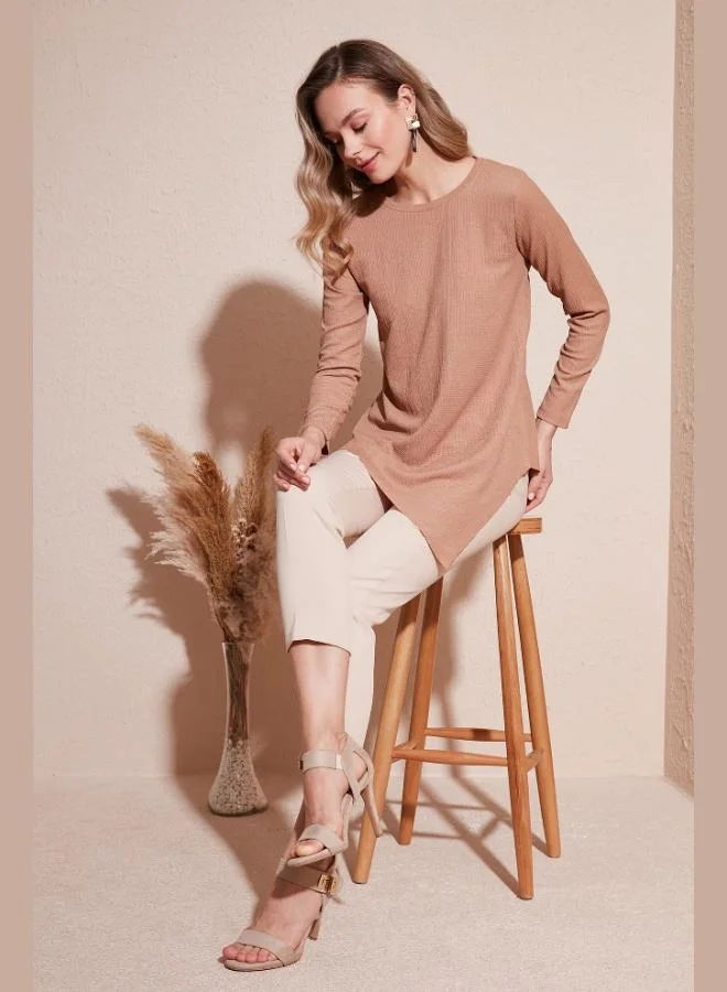 Lela Lela Crew Neck Flexible Textured Asymmetrical Blouse Women's Blouse 5864971