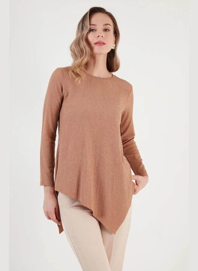 Lela Lela Crew Neck Flexible Textured Asymmetrical Blouse Women's Blouse 5864971