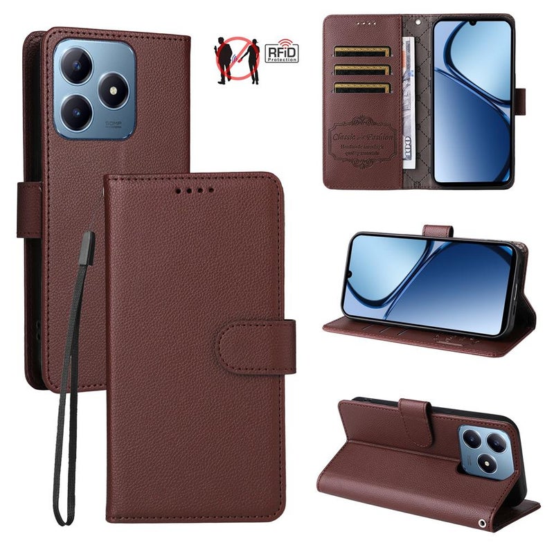 For Realme C63 4G / C61 / Note 60 Litchi Texture RFID Blocking 3-Card Wallet Leather Phone Case(Brown) - Image 1