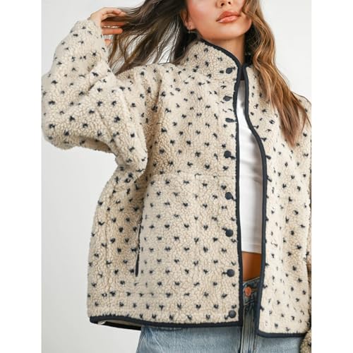 SeeLuNa Slouchy Fleece Jacket Women Long Sleeve Button Down High Neck Polka Dot Puffer Jackets Sherpa Overcoat with Pockets(Beige,M) - Image 3