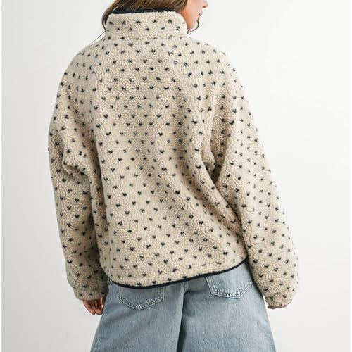 SeeLuNa Slouchy Fleece Jacket Women Long Sleeve Button Down High Neck Polka Dot Puffer Jackets Sherpa Overcoat with Pockets(Beige,M) - Image 2
