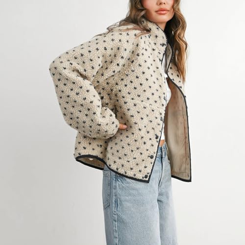 SeeLuNa Slouchy Fleece Jacket Women Long Sleeve Button Down High Neck Polka Dot Puffer Jackets Sherpa Overcoat with Pockets(Beige,M) - Image 4