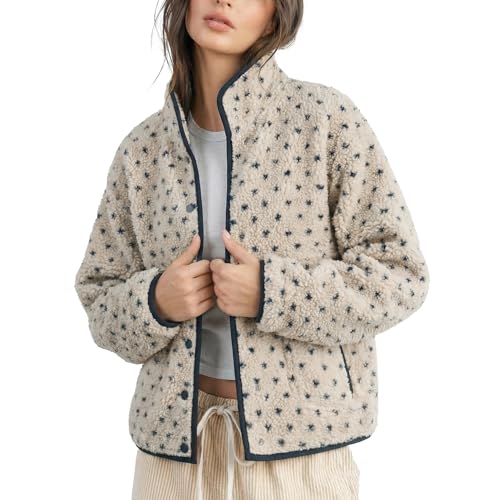 SeeLuNa Slouchy Fleece Jacket Women Long Sleeve Button Down High Neck Polka Dot Puffer Jackets Sherpa Overcoat with Pockets(Beige,M) - Image 1
