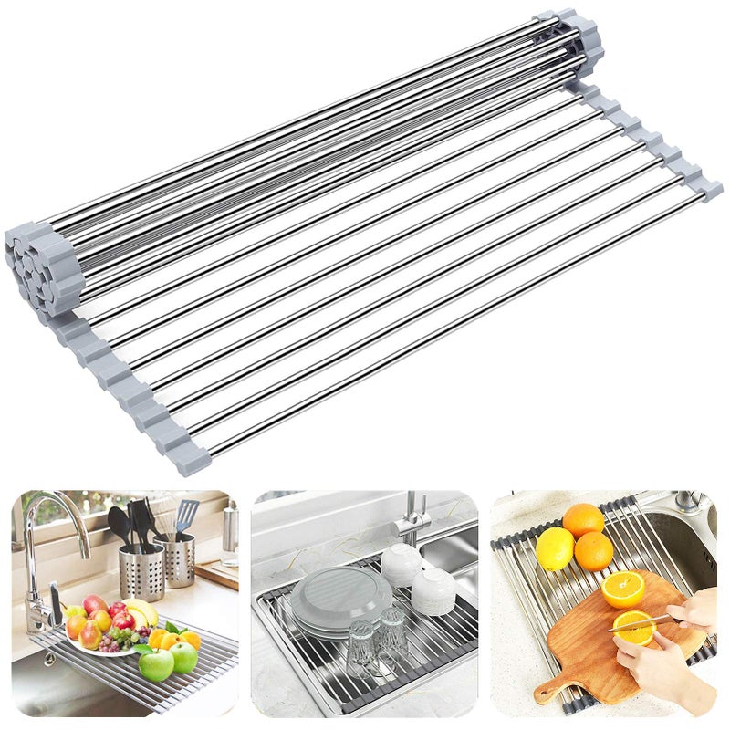 Searik Dish Drying Rack Roll Up Sink Drying Rack Over The Sink Dish Rack MultiUse Stainless Steel Dish Drainers Heat Resistant Mat for Drying Draining Trivet 177x138