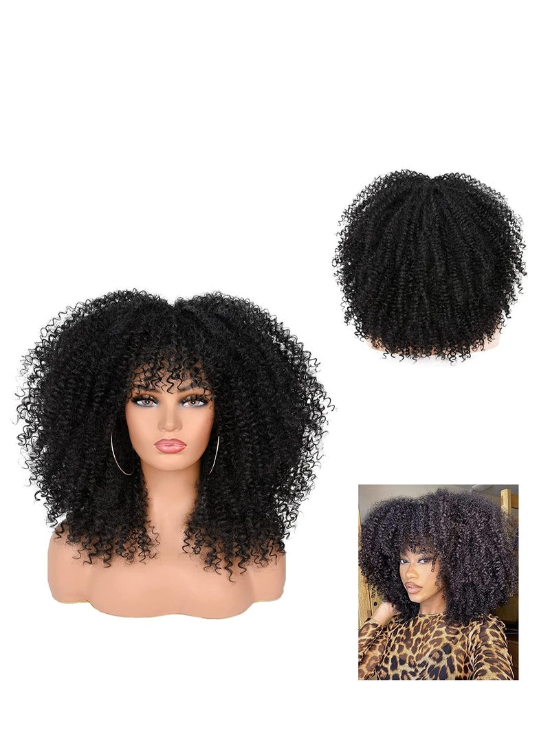 SYOSI Short Curly Afro Wigs with Bangs for Black Women 14 Inch Kinky Curly Wig Synthetic Fiber Heat Resistant Full Wig Black - Image 1