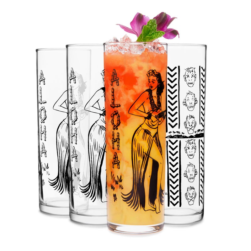 Libbey Zombie Clear Glass Tumbler Set VintageStyle Tiki Drinking Glasses Set of 4 Exotic Tall Drinking Glass Cups for Backyard Luau or Pool Party