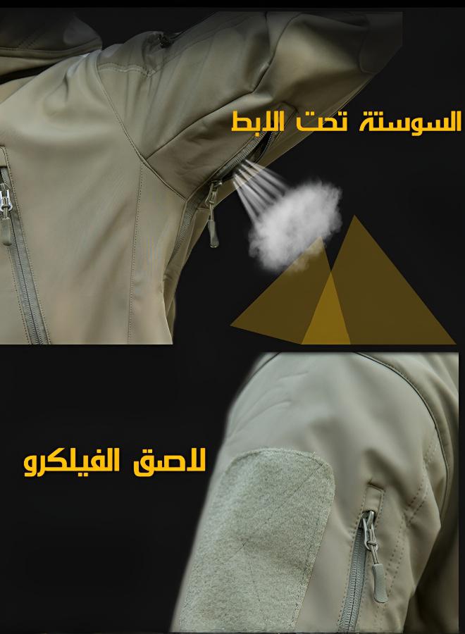 Hilyagems Men's casual waterproof jacket, zip-up windbreaker with hooded design, windproof outer layer, arm and chest pockets, relaxed fit, insulated for warmth, breathable fabric, solid colour design, everyday fashionable leisurewear, army green. - Image 2