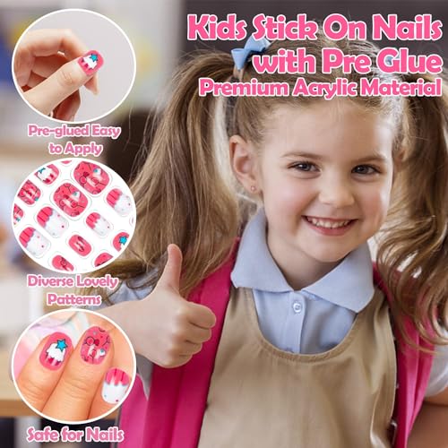 Labeol 144 Pieces Fake Nails for Kids Girls Artificial Full Cover Short Acrylic Stick On Nails False Nail Tips Kit Little Girls Nail Art Decoration - Image 4