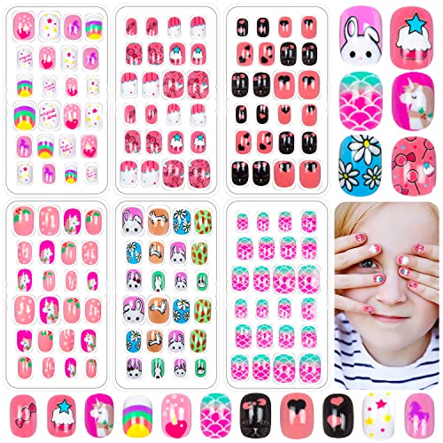 Labeol 144 Pieces Fake Nails for Kids Girls Artificial Full Cover Short Acrylic Stick On Nails False Nail Tips Kit Little Girls Nail Art Decoration - Image 1