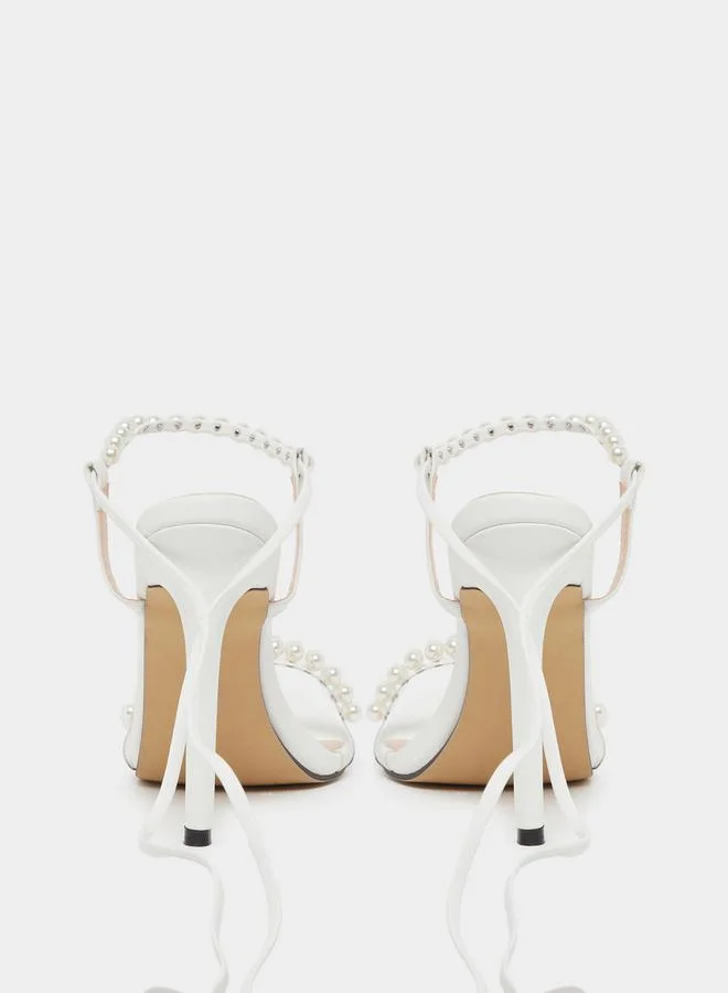 Take Two Faux Pearl Embellished Lace-Up Heel Sandals