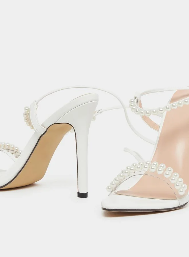 Take Two Faux Pearl Embellished Lace-Up Heel Sandals