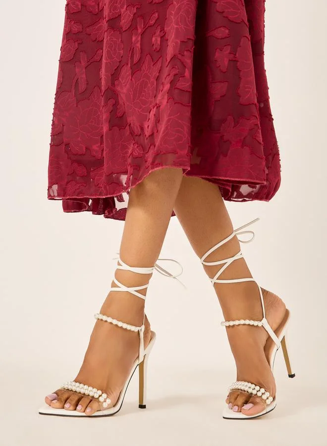 Take Two Faux Pearl Embellished Lace-Up Heel Sandals
