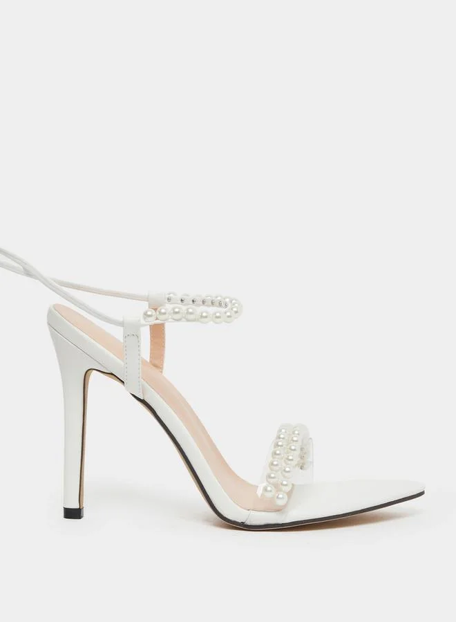 Take Two Faux Pearl Embellished Lace-Up Heel Sandals