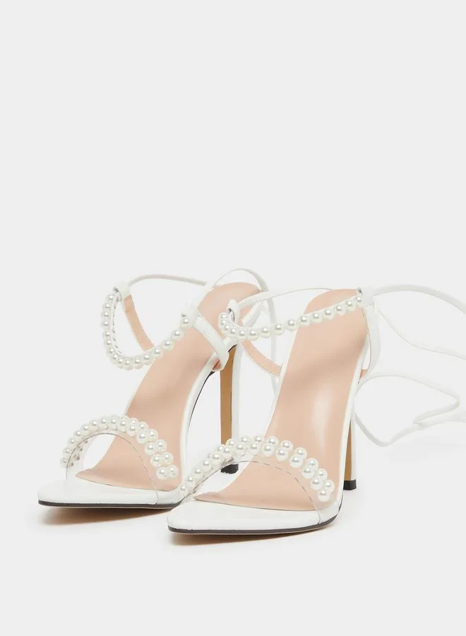 Take Two Faux Pearl Embellished Lace-Up Heel Sandals