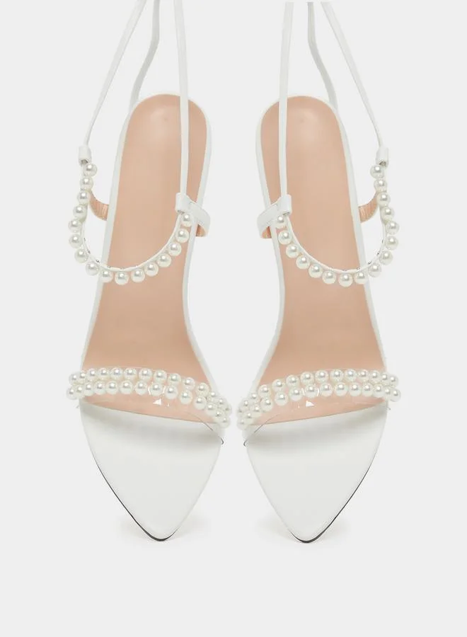 Take Two Faux Pearl Embellished Lace-Up Heel Sandals