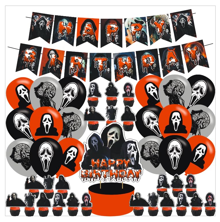 Scream Movie Party Decorations,Birthday Party Supplies For Horror Movie Party Supplies Includes Banner - Cake Topper - 24 Cupcake Toppers - 18 Balloons