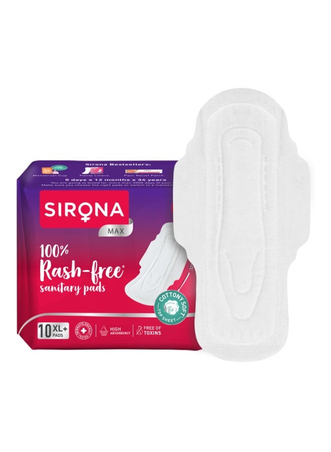 Sirona Max Sanitary Pads for Women | XL Plus (Pack of 10 Pads) | 100% Rash Free & Toxic-Free | Organic Cotton Sanitary Pad | Up to 0% Leakage, Comfortable & High Absorbency - Image 1