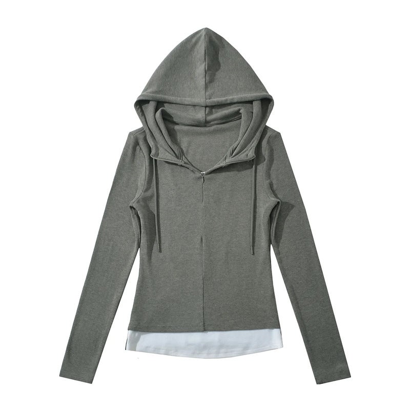 American Style Girl Fake Two-Piece Drawstring Hooded Long-Sleeved T-Shirt Design Sense High Elastic Slim Base Top - Image 1