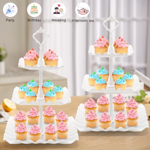 Coitak 3 Tier Cupcake Stand Plastic Tiered Serving Stand Wavy Dessert Tray for Tea Party Birthday and Wedding Pure White - Image 3