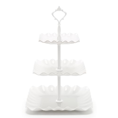 Coitak 3 Tier Cupcake Stand Plastic Tiered Serving Stand Wavy Dessert Tray for Tea Party Birthday and Wedding Pure White - Image 1