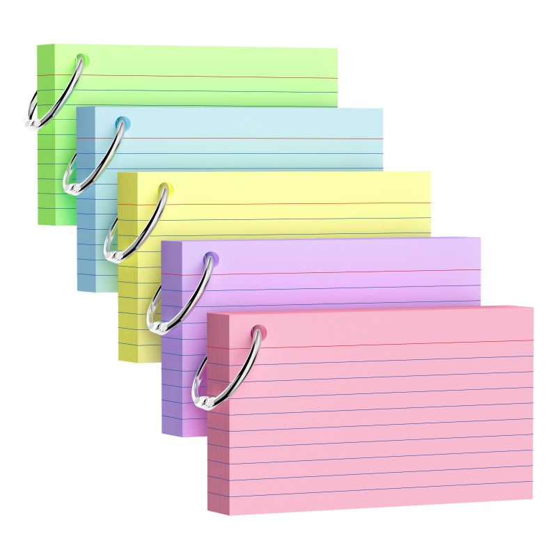 AILZFEI 250 Count Index Cards 3x5 Inch with Key Ring, 180gsm Heavy Weight Colored Flash Cards 5 Color Assortment (50 Sheets Each) Note Taking for Students, Study Note Cards for Office School Supplies - Image 1