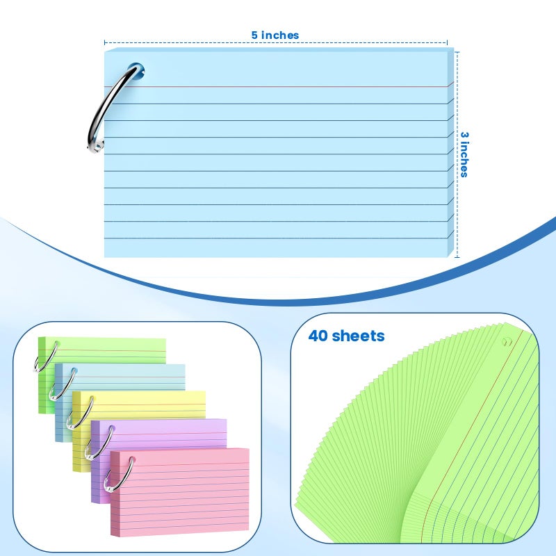 AILZFEI 250 Count Index Cards 3x5 Inch with Key Ring, 180gsm Heavy Weight Colored Flash Cards 5 Color Assortment (50 Sheets Each) Note Taking for Students, Study Note Cards for Office School Supplies - Image 2