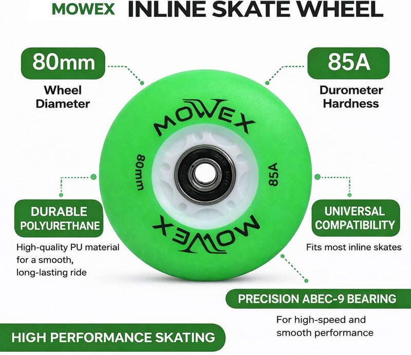 اورز عجلات تزلج خطية LED فلاش MOWEX مع محامل ABEC-9، عجلات استبدال ناعمة للتزلج في الأماكن المغلقة والمفتوحة، حزمة 80 مم. (أخضر (8 قطع)، 80 مم) - Image 3
