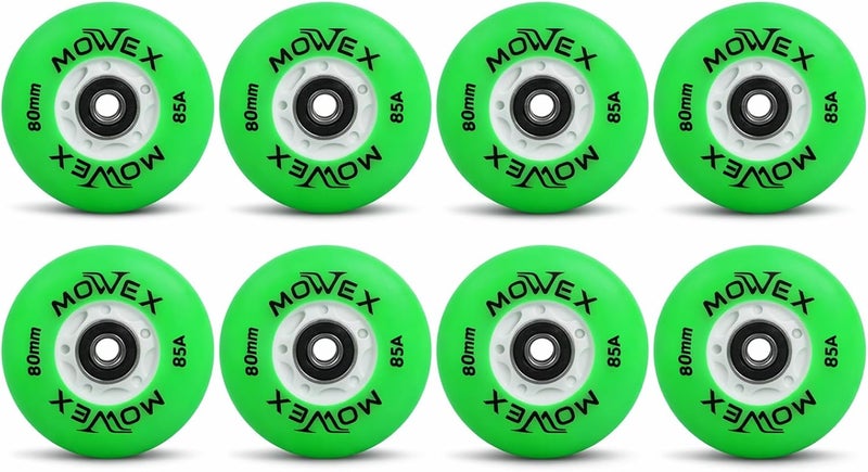 اورز عجلات تزلج خطية LED فلاش MOWEX مع محامل ABEC-9، عجلات استبدال ناعمة للتزلج في الأماكن المغلقة والمفتوحة، حزمة 80 مم. (أخضر (8 قطع)، 80 مم) - Image 1