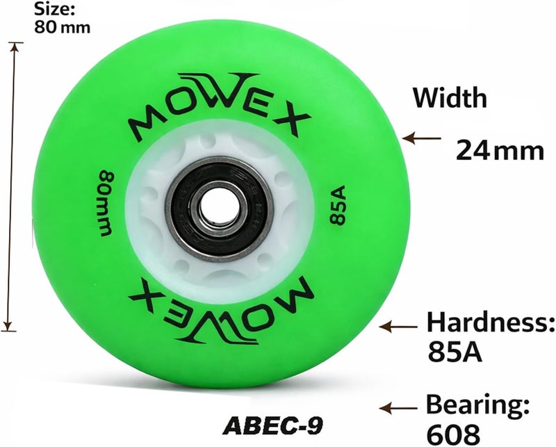 اورز عجلات تزلج خطية LED فلاش MOWEX مع محامل ABEC-9، عجلات استبدال ناعمة للتزلج في الأماكن المغلقة والمفتوحة، حزمة 80 مم. (أخضر (8 قطع)، 80 مم) - Image 5