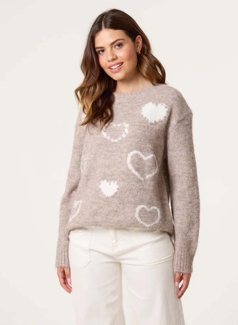 Blue Vanilla Diamante Detailed Heart Jumper