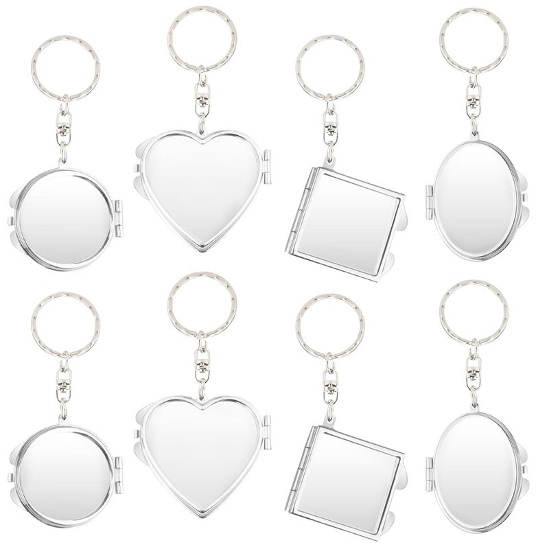 BOSMIOW 8PCS Mini Metal Folding MirrorPortable Compact Cosmetic MirrorDual Sided Vanity Mirror with Key Ring KeychainMakeup Tools for Women GirlsSquareCircularHeartShapedElliptical