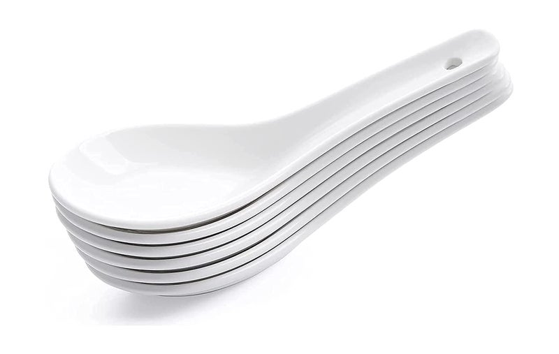 BLISS START Soup Spoon Set of 6 Piece/Ceramic Soup Spoon Bone Ceramic Rice Spoons Chinese Won Ton Spoons for Home, Kitchen, or Restaurant(White) - Image 1