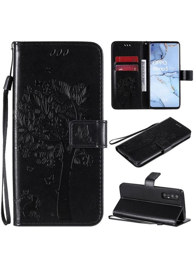 HuHa Case Cover For Oppo Reno3 Pro 5G / Find X2 Neo Tree & Cat Embossed Pattern Horizontal Flip Leather Case with Holder & Card Slots & Wallet & Lanyard Black 