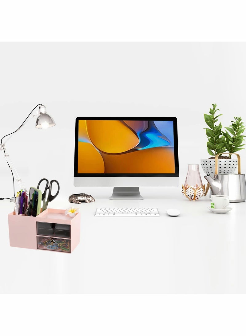 منظم مكتب أنيق باللون الوردي مع 3 أقسام و 2 درج - حامل أقلام متعدد الوظائف للتخزين في المكتب والمنزل - Image 4
