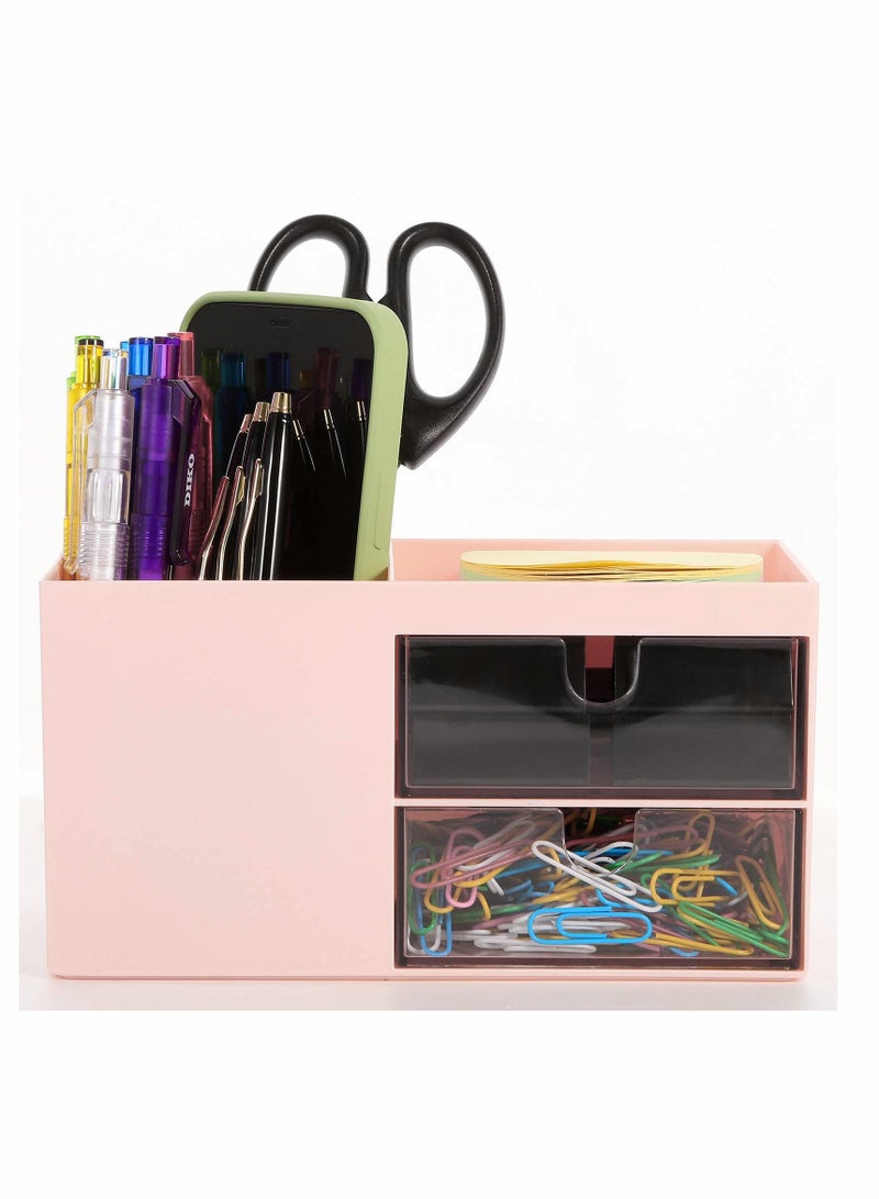 منظم مكتب أنيق باللون الوردي مع 3 أقسام و 2 درج - حامل أقلام متعدد الوظائف للتخزين في المكتب والمنزل - Image 3