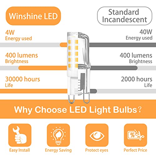 winshine 10 Pack G9 LED Bulb 3000K Warm White, T4 G9 Light Bulb 4W (40W Halogen Equivalent), T4 G9 Bi Pin Ceramic Base 360°Beam Angle 400 Lumen for Chandelier Ceiling Pendant Lighting No-Dimmable - Image 2