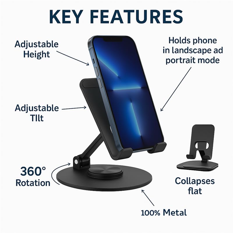 Uncaged Ergonomics 360° Swivel Rotating Adjustable Phone Stand for Desk, Portable & Foldable Cell Phone Stand for Desk, Compact Mobile Stand for Tabletop, Office, Kitchen & Bedroom (Black) - Image 3