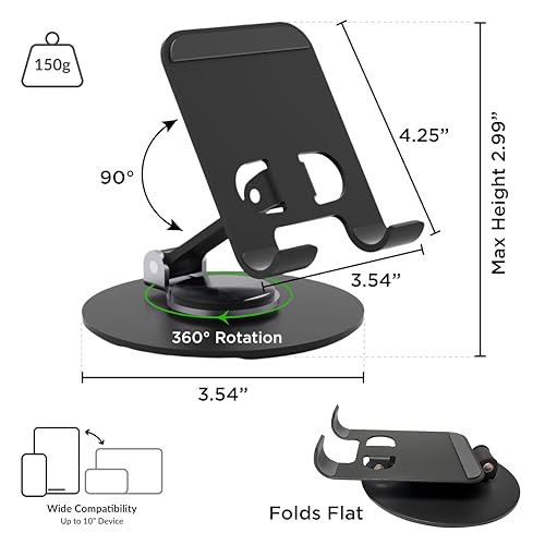 Uncaged Ergonomics 360° Swivel Rotating Adjustable Phone Stand for Desk, Portable & Foldable Cell Phone Stand for Desk, Compact Mobile Stand for Tabletop, Office, Kitchen & Bedroom (Black) - Image 2