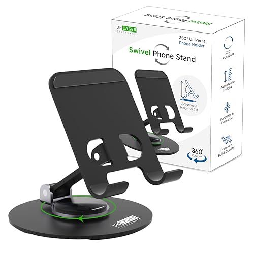 Uncaged Ergonomics 360° Swivel Rotating Adjustable Phone Stand for Desk, Portable & Foldable Cell Phone Stand for Desk, Compact Mobile Stand for Tabletop, Office, Kitchen & Bedroom (Black) - Image 1