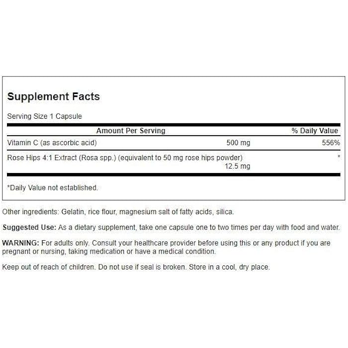 Swanson Vitamin C with Rose HIPS Immune System Support Skin Cardiovascular Health Antioxidant Supplement 500 mg 100 Capsules - Image 2
