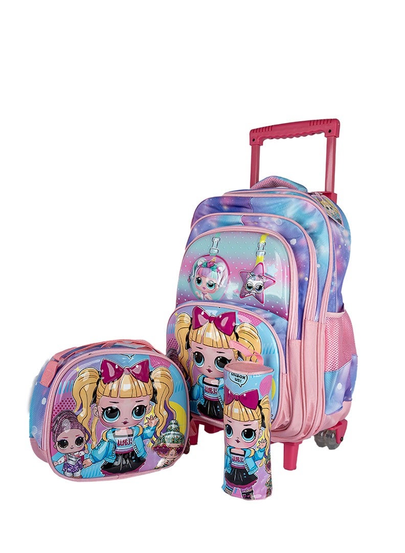 Girl Rolling School Bag 18" 3pcs Sets, Lunch Box and pencil case , - Image 1